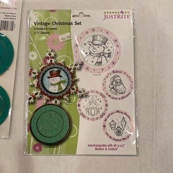 JustRite Wood Stamper 3 1/4” Round w 2 Stamp Sets Christmas Borders & Centers - Picture 5 of 7